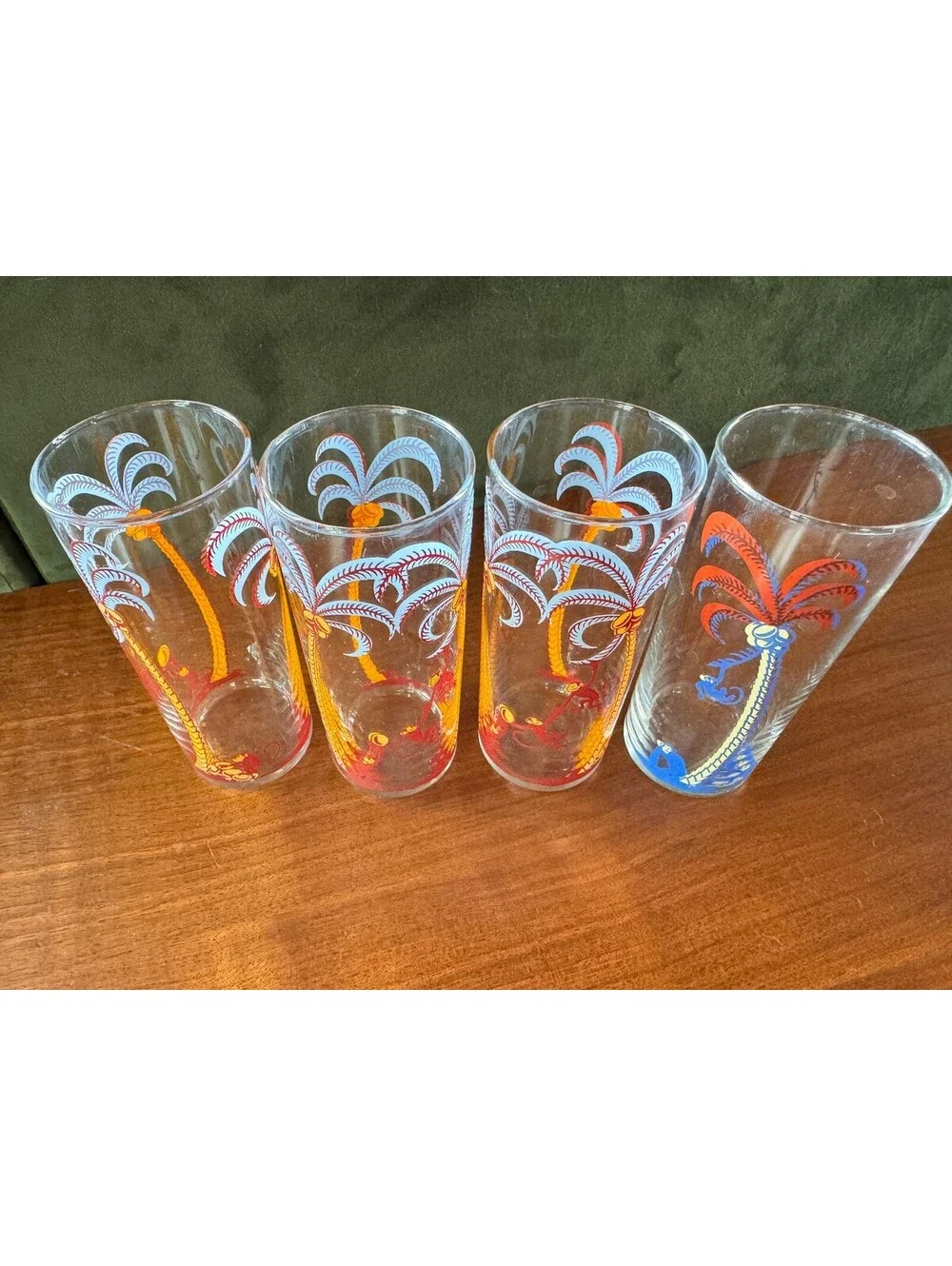 Vintage MCM Federal Glass Native Kissing Palm Tree Highball Glasses - Set of 4